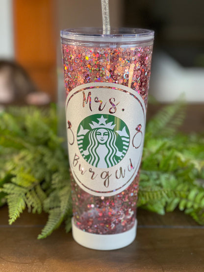 Rose Gold Bridal Bride Gift Snowglobe Tumbler, Snow globe Tumbler, Glitter Tumbler, Double Walled Tumbler, Acrylic Tumbler, Gift