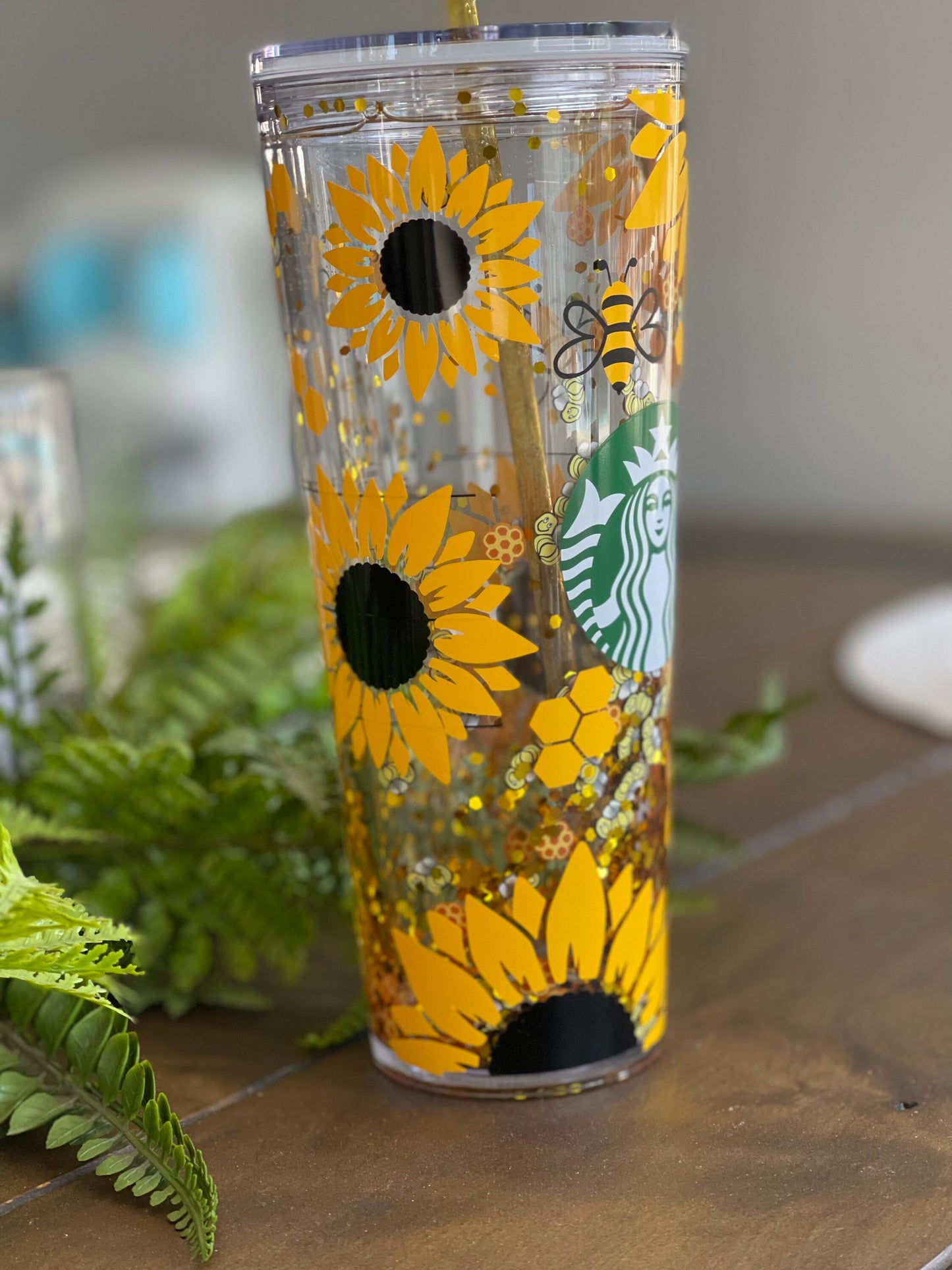 Sunflower Bumble Bee Snowglobe Tumbler, Snow Globe Tumbler, Glitter Tumbler, Double Walled Tumbler, Acrylic Tumbler, Gift