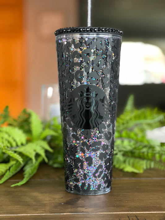 Black Leopard Snowglobe Tumbler, Snow globe Tumbler, Glitter Tumbler, Double Walled Tumbler, Acrylic Tumbler, Gift