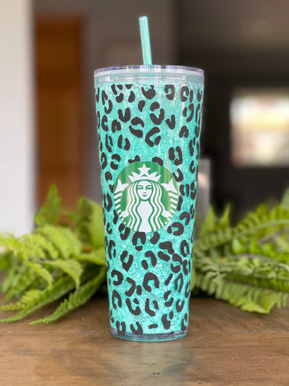 Teal Leopard Snowglobe Tumbler, Snow globe Tumbler, Glitter Tumbler, Double Walled Tumbler, Acrylic Tumbler, Gift