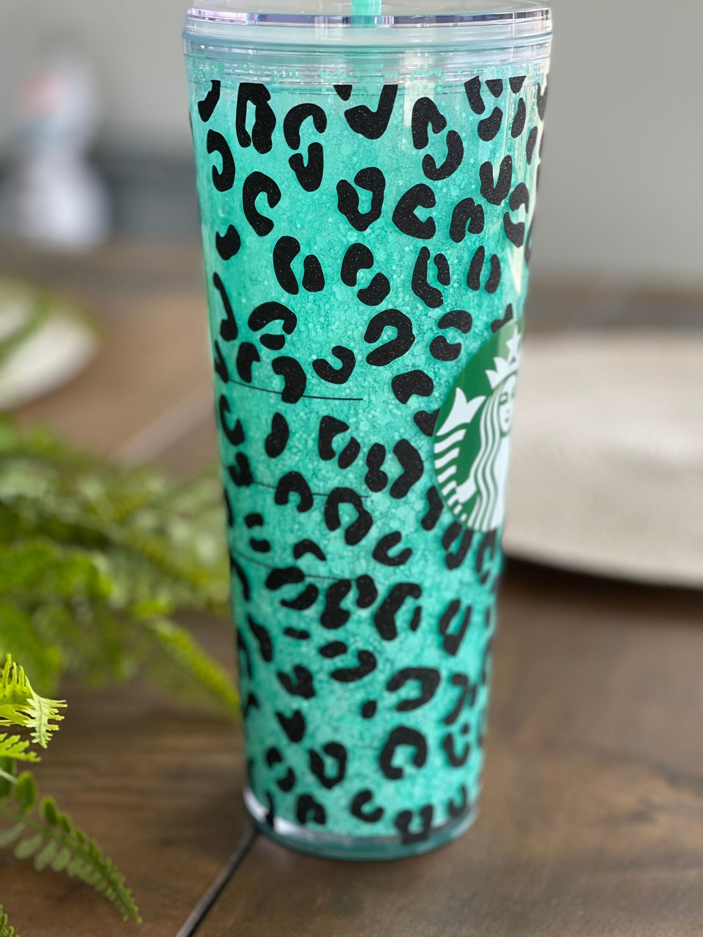 Teal Leopard Snowglobe Tumbler, Snow globe Tumbler, Glitter Tumbler, Double Walled Tumbler, Acrylic Tumbler, Gift