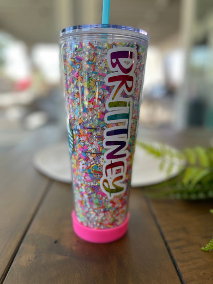 90’s Vibes Rainbow Rhinestone/Clay Filled Tumbler, Starbucks, Bling Tumbler, Gift For Her, Trendy, Gift