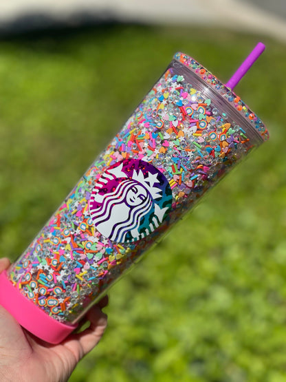 90’s Vibes Rainbow Rhinestone/Clay Filled Tumbler, Starbucks, Bling Tumbler, Gift For Her, Trendy, Gift