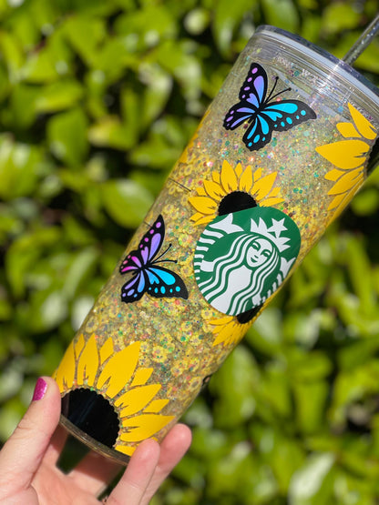 Sunflower Butterfly Snowglobe Tumbler, Snow globe Tumbler, Glitter Tumbler, Double Walled Tumbler, Acrylic Tumbler, Gift