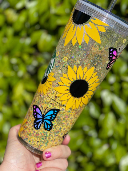 Sunflower Butterfly Snowglobe Tumbler, Snow globe Tumbler, Glitter Tumbler, Double Walled Tumbler, Acrylic Tumbler, Gift