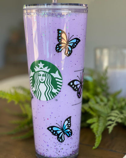 Butterfly Purple Snowglobe Tumbler, Snow Globe Tumbler, Glitter Tumbler, Double Walled Tumbler, Acrylic Tumbler, Gift