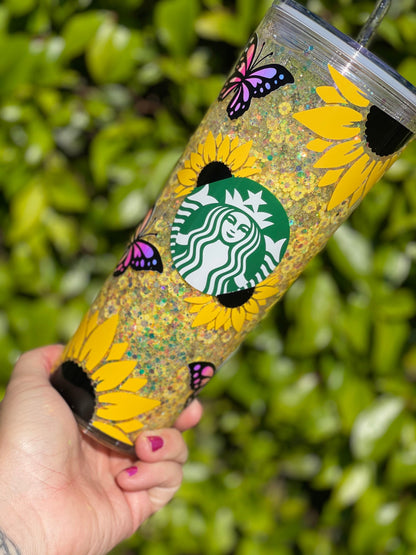 Sunflower Butterfly Snowglobe Tumbler, Snow globe Tumbler, Glitter Tumbler, Double Walled Tumbler, Acrylic Tumbler, Gift