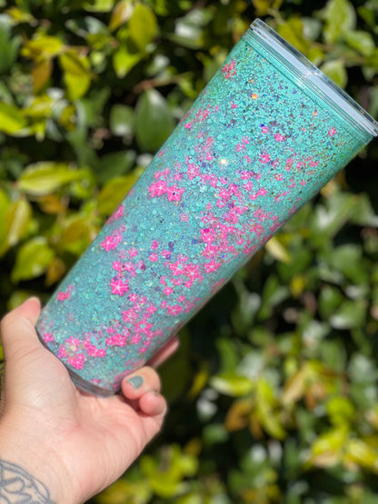 Pink Starfish Teal Summer Snowglobe 24 Ounce Snow Globe Tumbler, Snowglobe Tumbler,  Glitter Tumbler, Double Walled Tumbler,, Gift