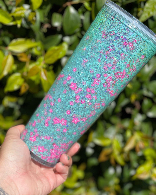 Pink Starfish Teal Summer Snowglobe 24 Ounce Snow Globe Tumbler, Snowglobe Tumbler,  Glitter Tumbler, Double Walled Tumbler,, Gift