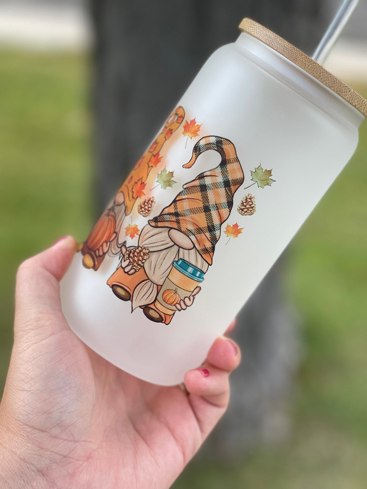 Fall Gnome Pumpkin Spice Frosted Glass Beer Can Glass 16 ounces With Lid and Straw, Gift