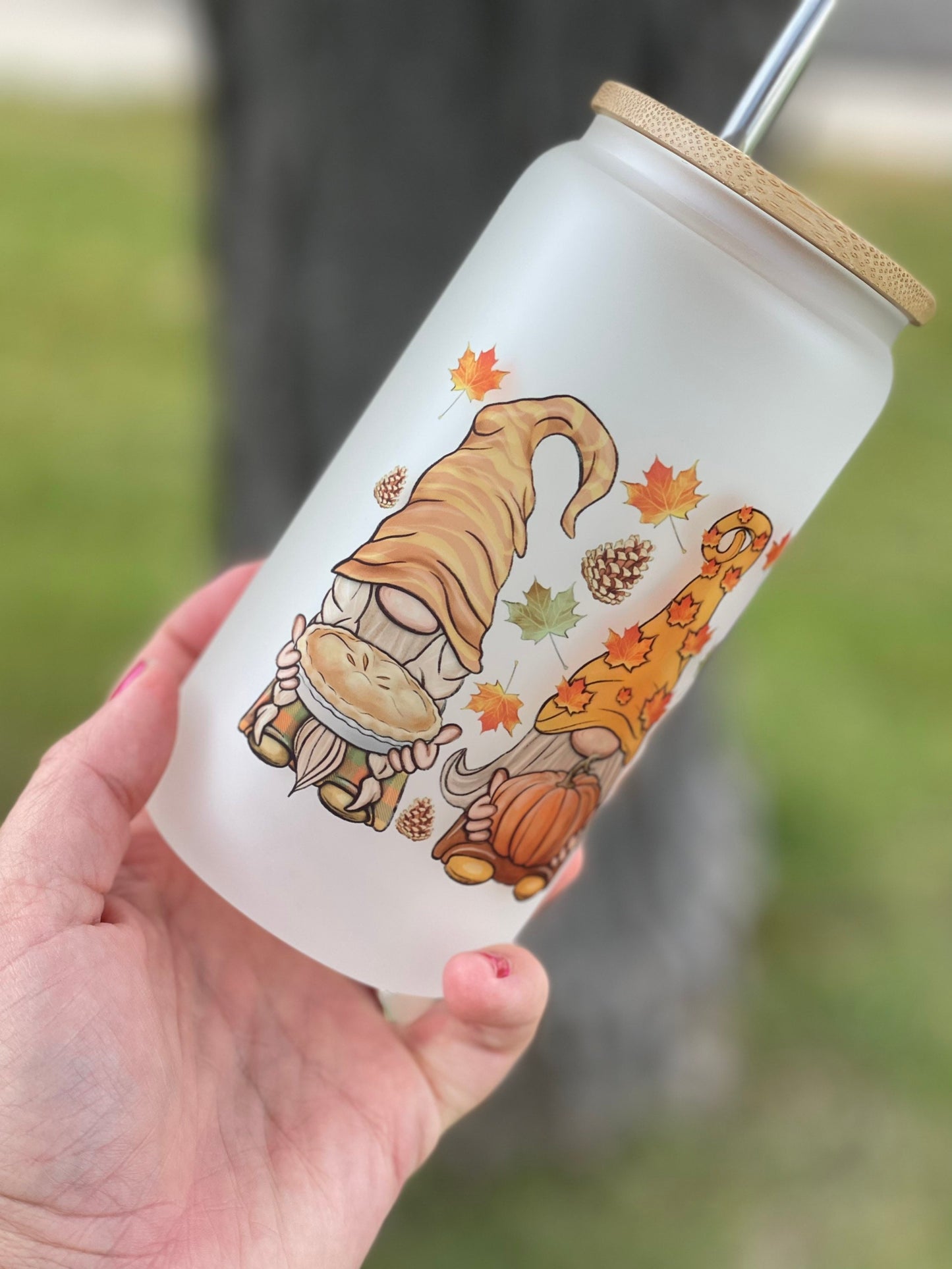 Fall Gnome Pumpkin Spice Frosted Glass Beer Can Glass 16 ounces With Lid and Straw, Gift