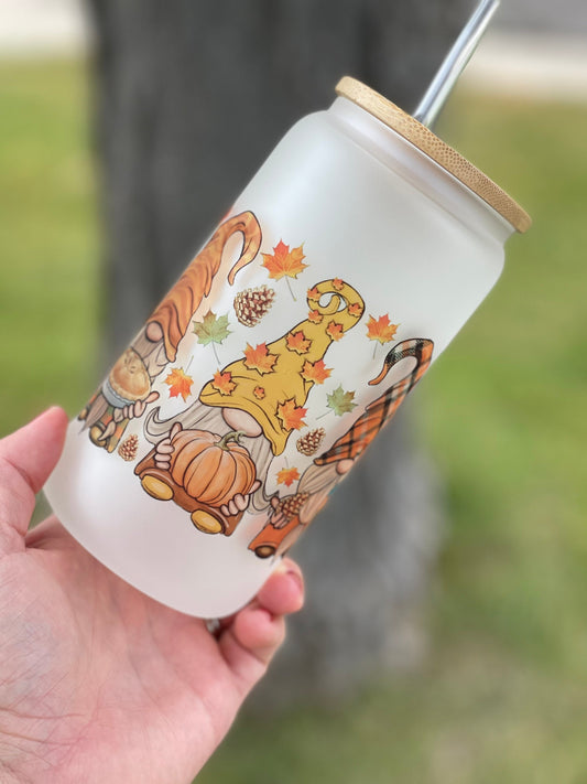 Fall Gnome Pumpkin Spice Frosted Glass Beer Can Glass 16 ounces With Lid and Straw, Gift