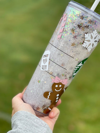 Pink Gingerbread Snowglobe Tumbler, Snow globe Tumbler, Glitter Tumbler, Double Walled Tumbler, Acrylic Tumbler, Gift