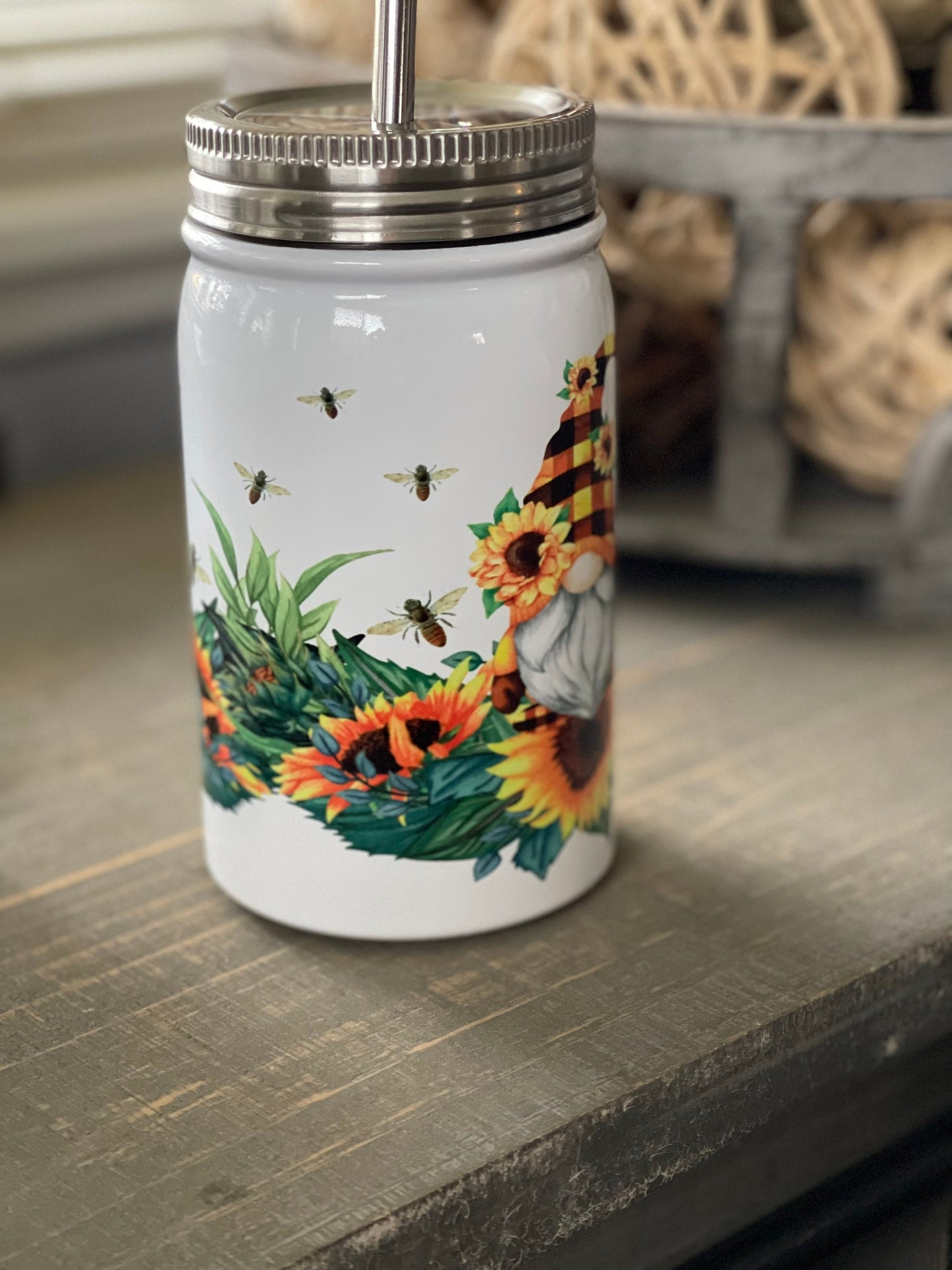 Sunflower Bee Gnome Metal Mason Jar 17 ounces, Gift