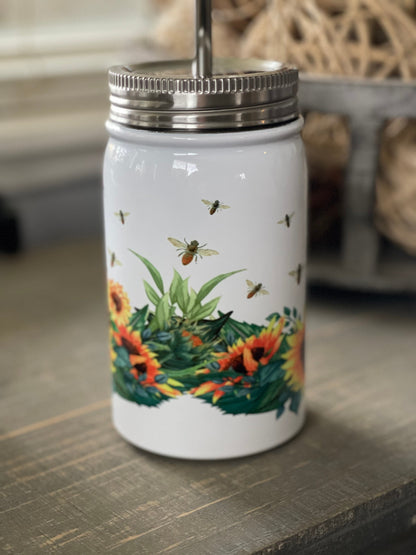 Sunflower Bee Gnome Metal Mason Jar 17 ounces, Gift