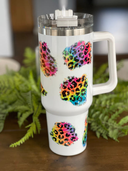 Hot Mom Summer Leopard Rainbow 40 ounce Quencher Insulated Metal Tumbler, Gift