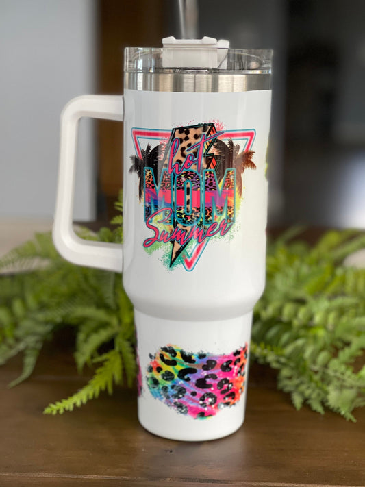 Hot Mom Summer Leopard Rainbow 40 ounce Quencher Insulated Metal Tumbler, Gift