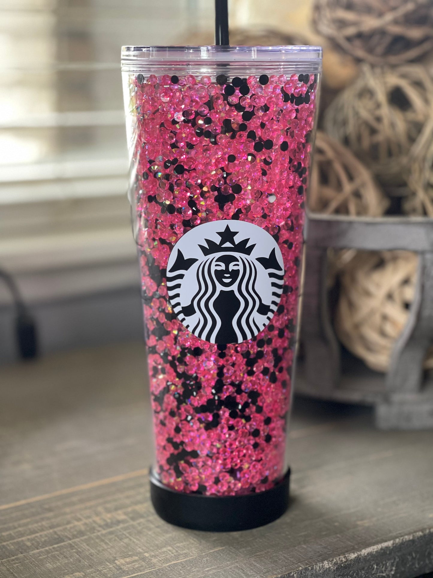 Pink/Black Rhinestone Bling Filled Tumbler, Starbucks, Bling Tumbler, Gift For Her, Trendy, Gift