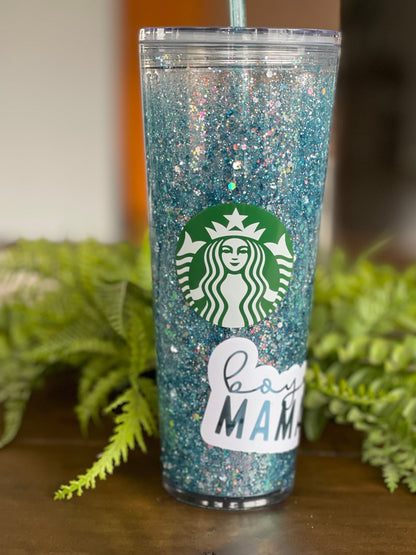 Boy Mom Snowglobe Tumbler Starbucks,  Glitter Tumbler, Double Walled Tumbler, Acrylic Tumbler, Gift