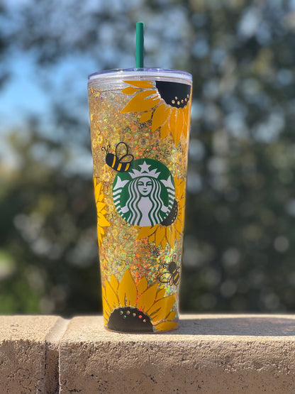 Sunflower Bee Snowglobe Tumbler, Snow globe Tumbler, Glitter Tumbler, Double Walled Tumbler, Acrylic Tumbler, Gift