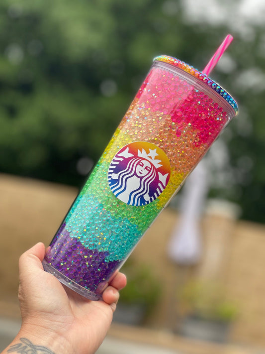 Rainbow Rhinestone Filled Tumbler, Starbucks, Bling Tumbler, Gift For Her, Trendy, Gift