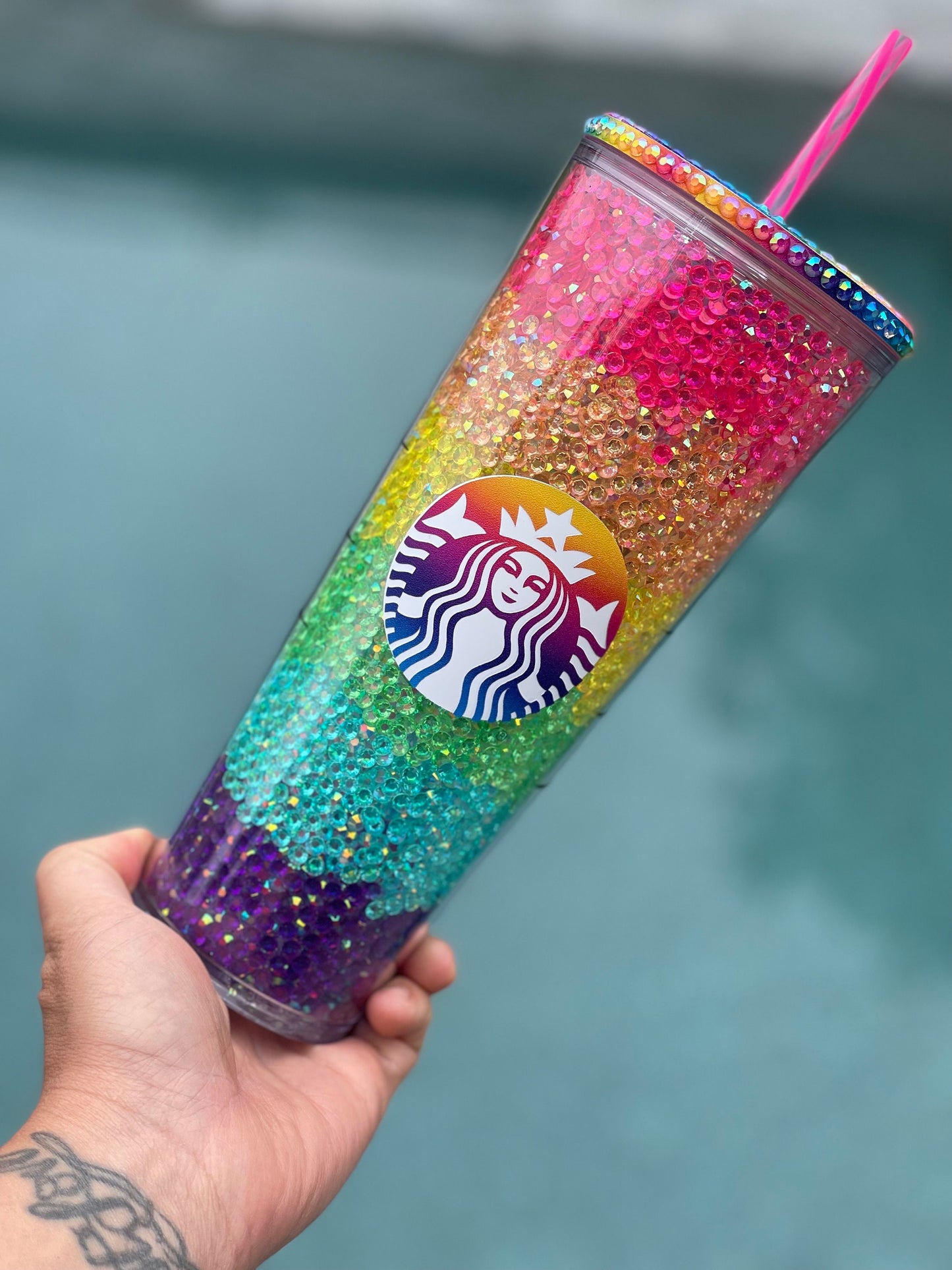 Rainbow Rhinestone Filled Tumbler, Starbucks, Bling Tumbler, Gift For Her, Trendy, Gift