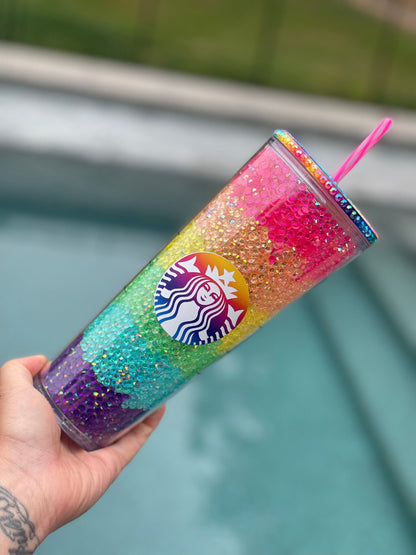 Rainbow Rhinestone Filled Tumbler, Starbucks, Bling Tumbler, Gift For Her, Trendy, Gift