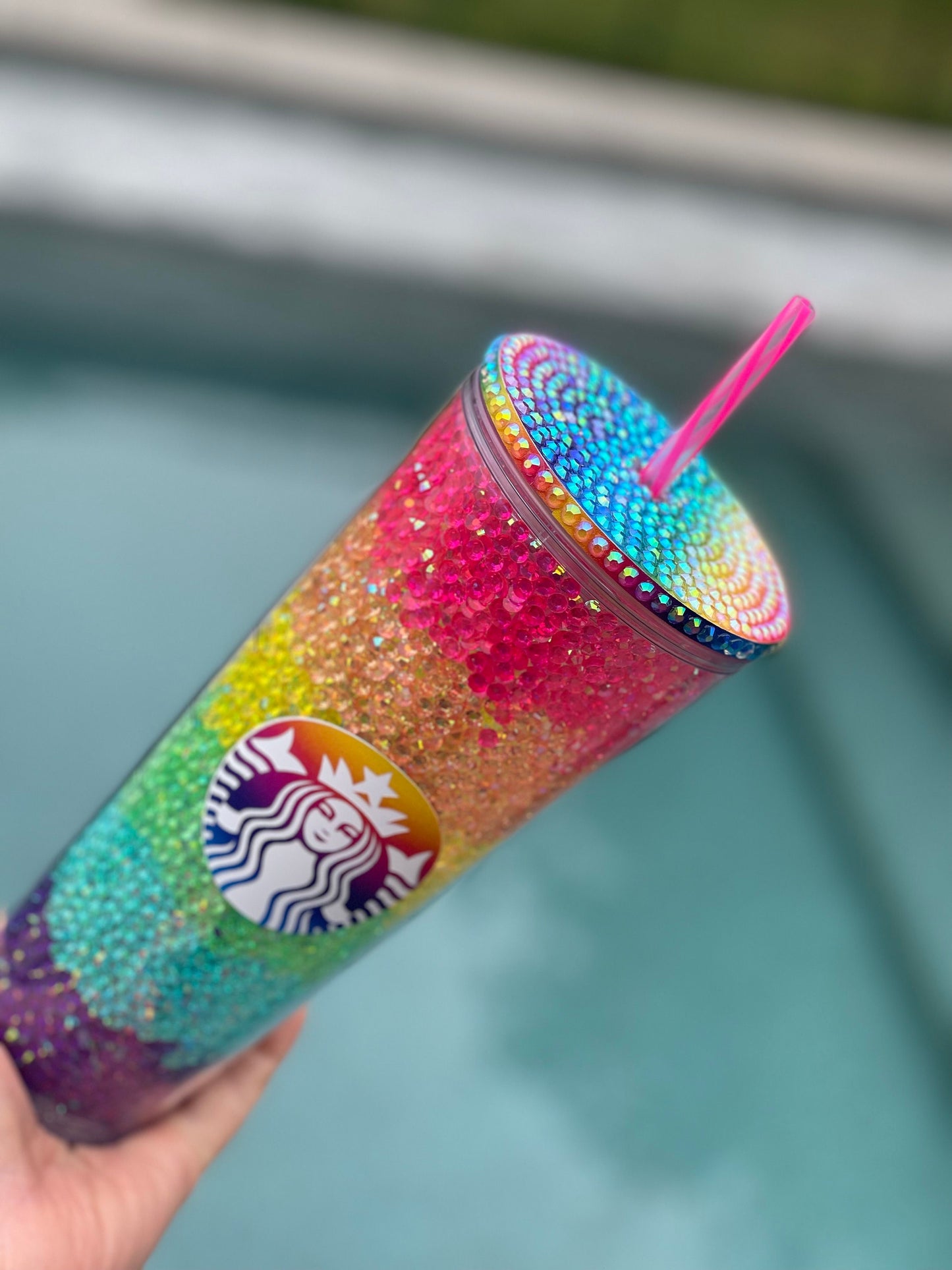 Rainbow Rhinestone Filled Tumbler, Starbucks, Bling Tumbler, Gift For Her, Trendy, Gift