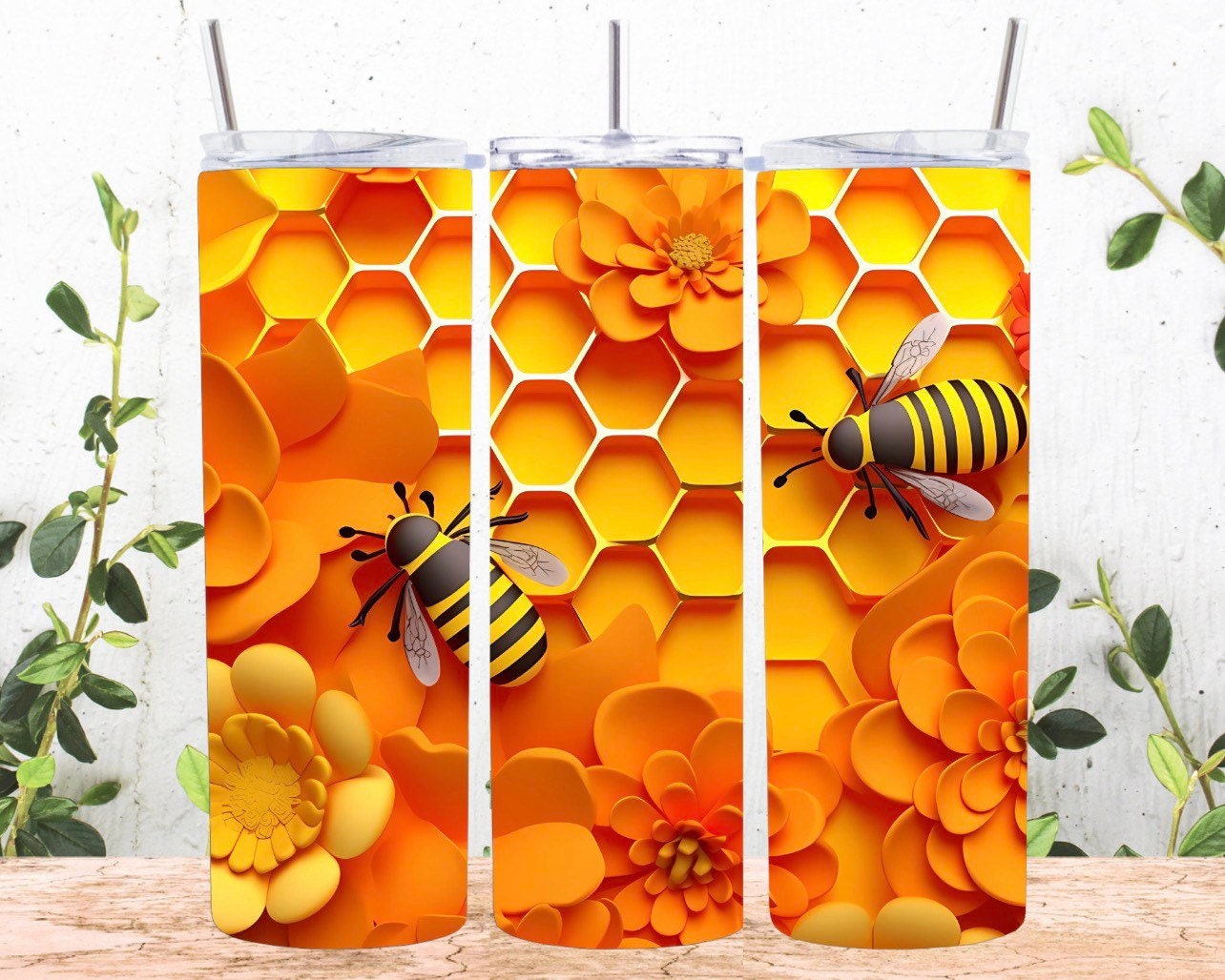 3D Bees Flowers Tumbler 20 ounces, Sublimation, Gift, Insulated Tumbler, Gift