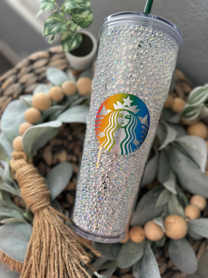 Rainbow Rhinestone/Clay Filled Tumbler, Starbucks, Bling Tumbler, Gift For Her, Trendy, Gift