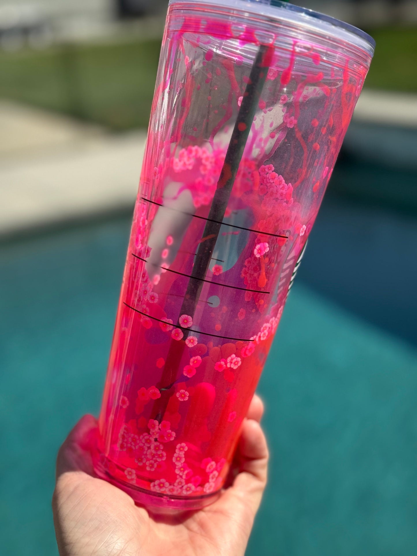 ORIGINAL DESIGNER* Pink Flower Drip Snowglobe Tumbler, 24 Ounce Snow Globe Tumbler, Glitter Tumbler, Double Walled Tumbler, Gift