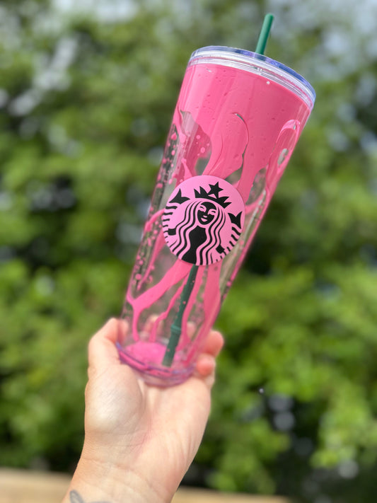 Pink Drip Halloween 24 ounce Starbucks Snowglobe Tumbler, Snow Globe Tumbler, Glitter Tumbler, Double Walled Tumbler, Acrylic Tumbler