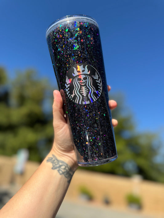 Black Spooky Snowglobe Tumbler, Snow globe Tumbler, Glitter Tumbler, Double Walled Tumbler, Acrylic Tumbler, Gift