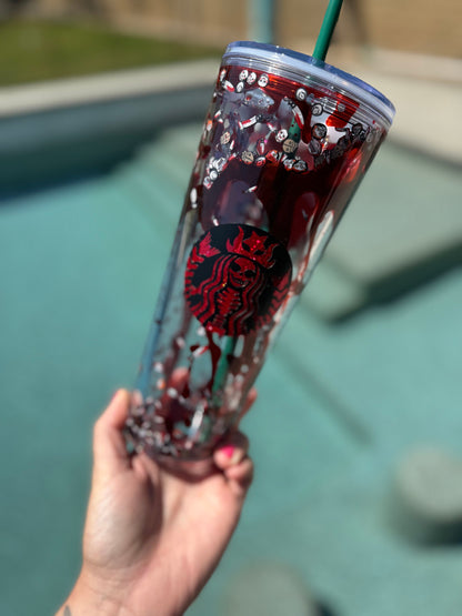 ORIGINAL DESIGNER* Blood Drip Halloween Character Snowglobe Tumbler, 24 Ounce Snow Globe Tumbler, Glitter Tumbler, Double Walled Tumbler