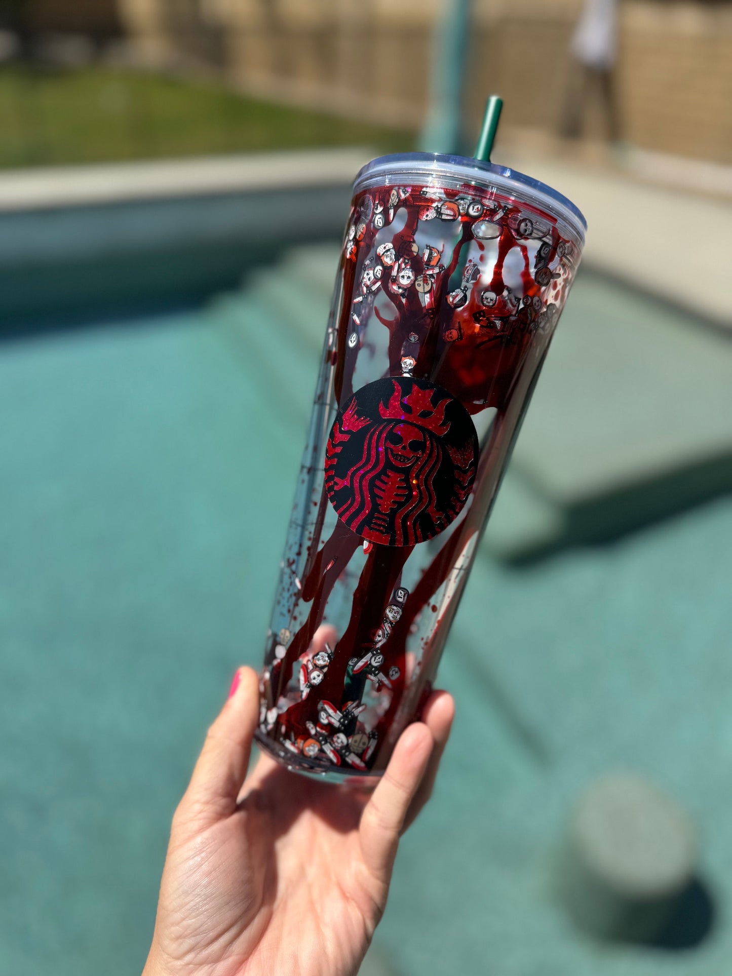 ORIGINAL DESIGNER* Blood Drip Halloween Character Snowglobe Tumbler, 24 Ounce Snow Globe Tumbler, Glitter Tumbler, Double Walled Tumbler